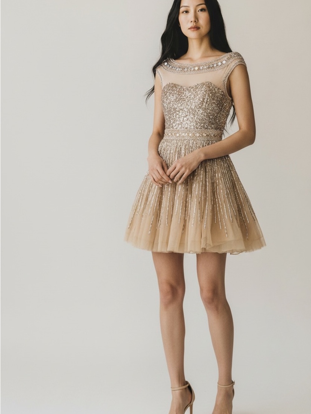 Sherri Hill Champagne Sequin Fit-and-Flare Mini Dress